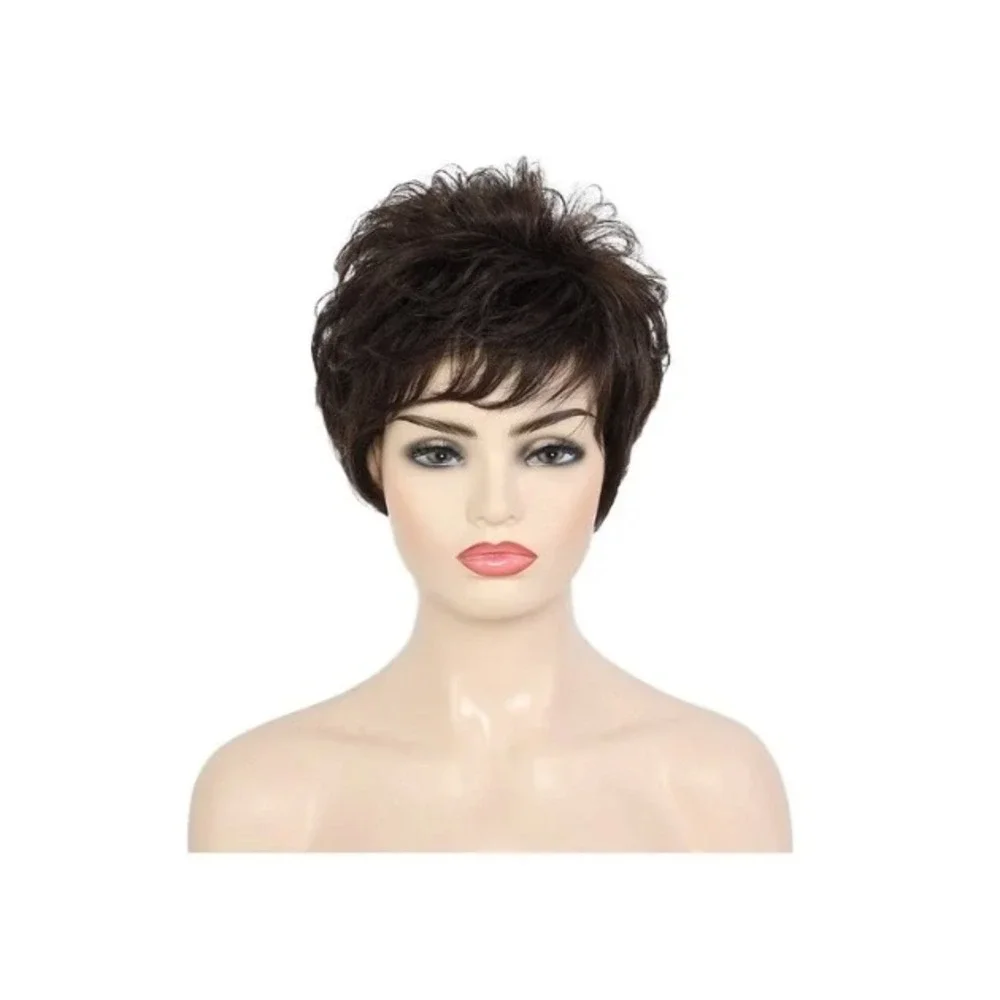 Nuxovin Dark Brown Human Hair Wig Pixie Cut Bangs 6 Inch Lightweight Breathable